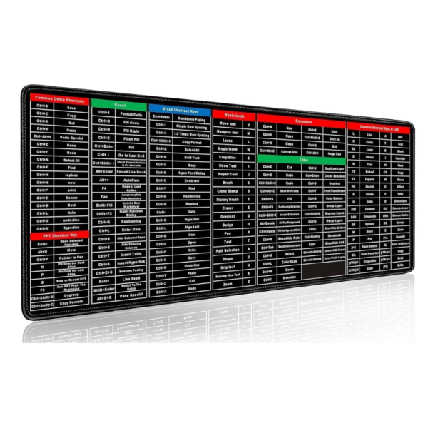 ARROW SIGN Extended Gaming Mouse Pad with Keyboard Shortcuts, Office Software Hotkeys Reference Mat, Large Size, Black